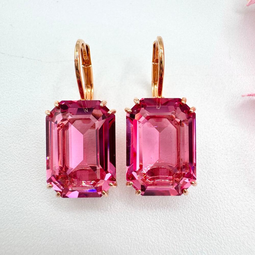 Swarovski Millenia Pink Crystal Drop Earrings Octagon Cut Gold Tone Swan Signed